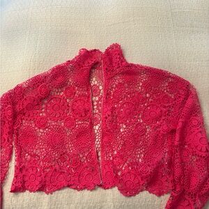 Vibrant Red Lace Cropped Jacket